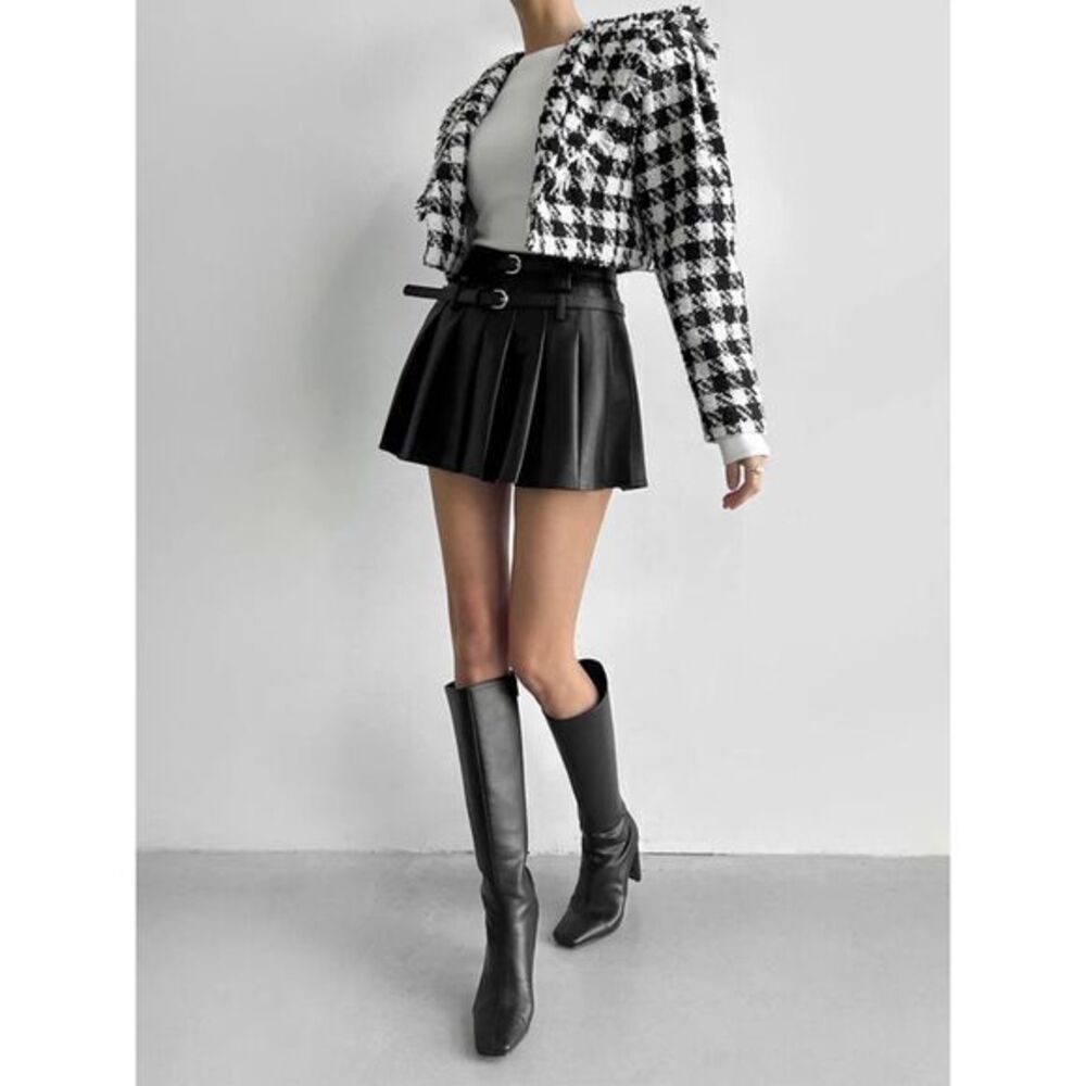Commense Pleated Mini Skirt‎ with Double Buckle Belt Preppy School Girl Style M - Picture 4 of 6
